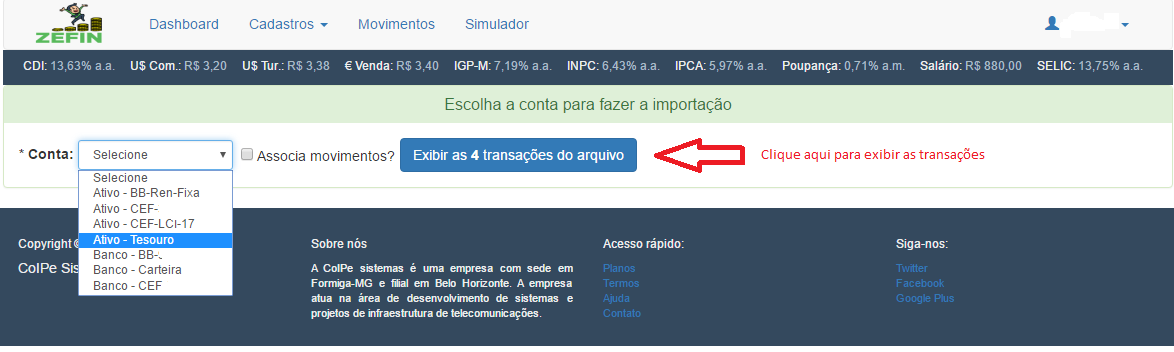 Escolher conta de destino para importação do arquivo ofx