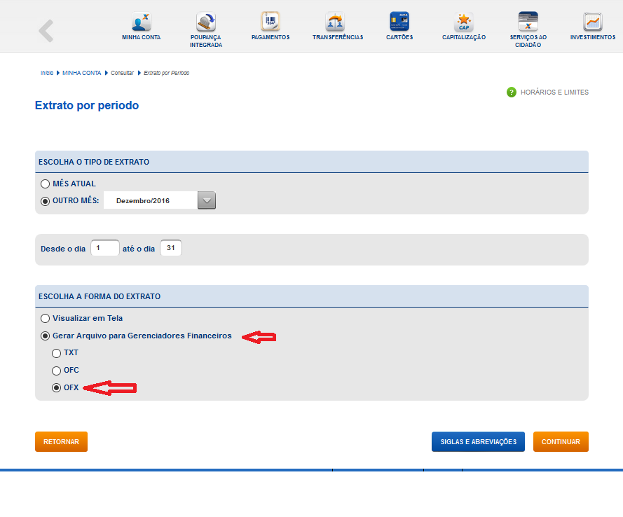 Como exportar arquivo ofx extrato bancário caixa econômica federal